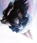  alice:_madness_returns alice_(wonderland) american_mcgee's_alice arms_up black_hair ceramic_man dress dutch_angle falling foreshortening green_eyes hair_over_one_eye highres lips long_hair looking_at_viewer solo 