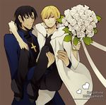  bad_id bad_pixiv_id black_eyes black_hair blonde_hair bouquet carrying cassock cross cross_necklace expressionless fate/stay_night fate_(series) flower gilgamesh jewelry kotomine_kirei male_focus multiple_boys necklace parody princess_carry red_eyes ring rose wedding_band white_flower white_rose yinxisan 