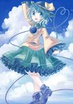  arm_up blue_sky cloud day grey_eyes hat hat_ribbon heart heart_of_string komeiji_koishi long_sleeves looking_back miyakure open_mouth ribbon shirt short_hair silver_hair skirt sky smile solo standing standing_on_one_leg touhou wide_sleeves 