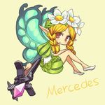  bare_legs blonde_hair bow_(weapon) braid butterfly_wings chan_co character_name chibi crossbow crystal fairy flower full_body head_wreath long_hair mercedes odin_sphere pointy_ears puff_and_slash_sleeves puffy_pants puffy_sleeves red_eyes simple_background slippers solo twin_braids weapon wings 
