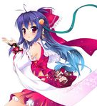  alternate_hair_color bad_id bad_pixiv_id bell blue_hair bow detached_sleeves dress gradient_hair hair_bow hair_ornament hakurei_reimu jingle_bell long_hair multicolored_hair nanamomo_rio pink_eyes purple_hair red_eyes simple_background solo sumomo_(tyc78503012) touhou white_background 