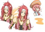  1boy 1girl bare_shoulders blue_eyes breasts brother_and_sister coat elbow_gloves eyes_closed gloves hat headband highres long_hair red_hair seles_wilder short_hair siblings tales_of_(series) tales_of_symphonia zelos_wilder 