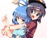  bad_id bad_pixiv_id beret blue_dress blue_eyes blue_hair blush dress grey_hair hair_ornament hair_rings hair_stick hat holding_hands holding_needle jiangshi kaku_seiga miyako_yoshika multiple_girls needle ofuda open_mouth outstretched_arms sewing short_hair smile star stitches takashiru touhou zombie_pose 