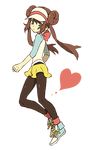  blue_eyes bow brown_hair double_bun expressionless full_body heart long_hair mei_(pokemon) ochappa pantyhose pokemon pokemon_(game) pokemon_bw2 raglan_sleeves shoes sidelocks skirt sneakers solo transparent_background twintails visor_cap 