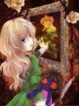  blonde_hair blood blue_eyes doll doll_(ib) dress flower grin ib long_hair looking_back mary_(ib) palette_knife rose smile solo tubakisizuku yellow_flower yellow_rose 