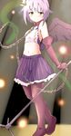  brown_eyes chain cleavage_cutout collar cuffs elbow_gloves gloves hair_ornament hairclip heart_cutout highres idolmaster idolmaster_cinderella_girls koshimizu_sachiko microphone_stand midriff natsunagi_takaki navel purple_hair short_hair skirt smile solo thighhighs wings 