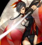  black_hair braid brown_eyes cameltoe groin hair_ornament highres katana kazakami_yuu long_hair multiple_braids pixiv_fantasia pixiv_fantasia_sword_regalia skin_tight solo sword weapon 