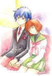  1girl blazer blue_hair brown_hair green_eyes head_on_shoulder jacket mawaru_penguindrum necktie oginome_ringo paint_(medium) school_uniform short_hair sleeping starrysky333 takakura_shouma traditional_media 