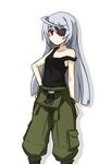  ahoge bare_shoulders cargo_pants eyepatch hand_on_hip infinite_stratos laura_bodewig long_hair pants red_eyes sai_(bankoru) silver_hair solo strap_slip tank_top 