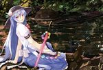  blue_hair bow dacho food fruit hat hinanawi_tenshi long_hair peach red_eyes sitting smile solo sword sword_of_hisou touhou weapon 