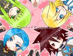  1girl 3boys blonde_hair blue_eyes blue_hair breasts brown_eyes brown_hair cape capelet cleavage fingerless_gloves gloves green_eyes green_hair kratos_aurion long_hair martel_yggdrasill mithos_yggdrasill multiple_boys short_hair smile tales_of_(series) tales_of_symphonia yuan_ka-fai 