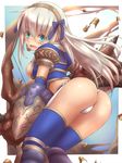  armor ass asuru asuru_(armor) blue_eyes blush breasts capcom cleavage headband looking_back monster_hunter monster_hunter_frontier panties ribbon tsukigami_chronica underwear wedgie white_hair 