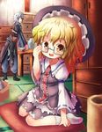  1girl ahoge bespectacled blonde_hair blush child frills glasses hakkotsu_shitai hat kirisame_marisa long_hair long_sleeves morichika_rinnosuke open_mouth pot pouch short_hair silver_hair table touhou witch_hat yellow_eyes 