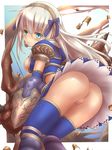  1girl armor ass asuru asuru_(armor) blue_eyes blush breasts capcom cleavage female headband looking_back monster_hunter monster_hunter_frontier no_panties pussy ribbon solo tsukigami_chronica uncensored vagina white_hair 