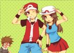  2boys bare_shoulders baseball_cap blue_(pokemon) blush brown_eyes brown_hair cabbie_hat embarrassed green_background hat multiple_boys ookido_green pokemon pokemon_(game) pokemon_frlg pokemon_hgss polka_dot polka_dot_background red_(pokemon) red_(pokemon_frlg) skirt smile v vest wristband yoya_torisan 