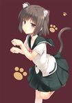  animal_ears brown_eyes brown_hair cat_ears cat_tail jitome kemonomimi_mode leaning_forward natsuki_shuri onjouji_toki paw_pose paw_print pleated_skirt saki school_uniform senriyama_school_uniform serafuku simple_background skirt solo standing standing_on_one_leg tail 