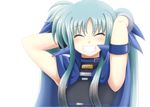  azumaya_hironaru blue_hair cape closed_eyes lyrical_nanoha mahou_shoujo_lyrical_nanoha mahou_shoujo_lyrical_nanoha_a's mahou_shoujo_lyrical_nanoha_a's_portable:_the_battle_of_aces material-l ribbon smile solo twintails 