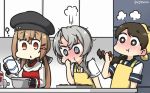  3girls ? apron asymmetrical_hair beret black_bow black_hat blouse blush bow braid brown_eyes brown_hair chocolate eyebrows_visible_through_hair flipped_hair hair_between_eyes hair_bow hair_ornament hair_ribbon hamu_koutarou hat highres kantai_collection kitchen long_hair looking_at_viewer low_twintails multiple_girls necktie nowaki_(kantai_collection) red_ribbon ribbon sailor_collar scarf school_uniform serafuku short_hair short_sleeves silver_eyes silver_hair single_braid star tashkent_(kantai_collection) torn_scarf twintails uranami_(kantai_collection) vest white_scarf yellow_neckwear 