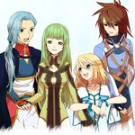  1girl 3boys blonde_hair blue_eyes blue_hair bracelet breasts brown_eyes brown_hair cape capelet cleavage dress fingerless_gloves gloves green_eyes green_hair jewelry kratos_aurion long_hair martel_yggdrasill mithos_yggdrasill multiple_boys open_mouth pants short_hair tales_of_(series) tales_of_symphonia yuan_ka-fai 