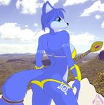  blue_hair canine cliff clothed clothing cloud clouds female forest fox green_eyes hair krystal krystal_starfox looking_at_viewer looking_back looking_behind mammal nintendo outside pole skimpy sky smile star_fox stick swimsuit tree video_games wood zp92 