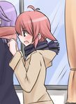  ahoge black_eyes blush clothes_grab curtains hakusen-hiki kajiki_yumi kanbara_satomi multiple_girls open_mouth pink_hair profile purple_hair saki scarf short_hair window 