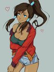  alternate_costume avatar_(series) bad_id blue_eyes breast_hold breasts brown_hair casual cleavage colorized contemporary dark_skin gabriel_soderburg hair_tubes heart jacket korra large_breasts long_hair midriff naso4 no_bra off_shoulder open_clothes open_jacket ponytail shirt short_shorts shorts smile solo strap_gap sweatdrop tank_top taut_clothes taut_shirt the_legend_of_korra topknot 