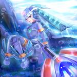  :d air_bubble bad_id bad_pixiv_id bangs blue_eyes blue_legwear blunt_bangs brooch bubble diving full_body gem gloves helmet highres jewelry koruto21 lance leviathan_(rockman) light_rays looking_at_viewer open_mouth outdoors parted_lips polearm rockman rockman_zero smile sunlight thighhighs underwater water weapon 