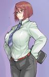  arms_behind_back belt bespectacled blush breasts brown_eyes brown_hair dress_shirt formal glasses large_breasts necktie older pants rozen_maiden shirt solo souseiseki tablet_pc tsuda_nanafushi 