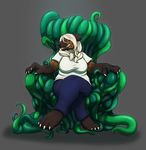  chubby claws clothed clothing female fys green_eyes grin hair hindpaw hyena mammal pants paws sefeiren shirt spots tentacle_throne tentacles throne 
