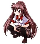  black_legwear blush harry_tribeca kuromitu_(kageneko) long_hair lyrical_nanoha mahou_shoujo_lyrical_nanoha_vivid simple_background skirt smile solo squatting thighhighs very_long_hair white_background 