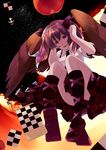  apple brown_hair calligraphy_brush cellphone checkered checkered_skirt convenient_leg food fruit geta highres himekaidou_hatate long_hair open_mouth paintbrush phone pink_eyes ryuu_(tsukinoyuki) skirt solo tengu-geta touhou twintails wings 