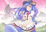  blue_hair bow cloud colored_eyelashes fantasy food fruit grass hinanawi_tenshi kanini long_hair moon mountain multiple_moons open_mouth peach petals red_eyes red_sky shirt skirt sky solo touhou wind 