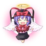  :d ^_^ blush_stickers chibi closed_eyes fake_halo halo ichimi nagae_iku open_mouth outstretched_arms purple_hair smile solo touhou underwear white_wings wings 