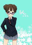  :3 bad_id bad_pixiv_id bespectacled brown_eyes brown_hair character_name flag glasses hand_on_own_chin highres k-on! official_style ragho_no_erika raised_eyebrows school_uniform short_hair short_twintails smile solo suzuki_jun tattoo twintails v-shaped_eyebrows 