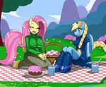  anthro anthrofied big_breasts blonde_hair blue blue_clothing blue_eyes blue_fur blue_sky blush braids breasts cake clothed clothing equine eyes_closed female fingerless_gloves fluffy_tail fluttershy_(mlp) food friendship_is_magic fur gloves hair hi_res horn horse kneeling long_hair mammal my_little_pony open_mouth outside pegasus picknick picnic pink_hair pony shirt sitting smile sssonic2 winged_unicorn wings yellow yellow_fur 