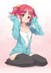  :&lt; black_legwear copyright_request hood hooded_jacket jacket maeda_risou nail_polish no_pants open_mouth red_eyes red_hair short_twintails sitting sleeves_past_wrists solo tank_top thighhighs twintails wariza 