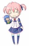  1boy 1girl alicia_combatir blue_hair blush breasts eyes_closed hand_puppet handpuppet long_hair midriff pink_hair puppet regal_bryan regal_bryant ribbon shoes short_hair skirt smile tales_of_(series) tales_of_symphonia thighhighs twintails 