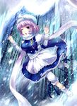  apron bloomers blush boots breasts forest hat large_breasts lavender_hair letty_whiterock nature neko_kuriya open_mouth purple_eyes scarf short_hair skirt snow snowing solo touhou tree underwear white_scarf 