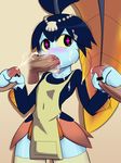  1girl blue_eyes blush censored cheek_bulge cum cum_in_mouth cum_on_hair double_handjob facial fellatio fish_girl handjob minette_(skullgirls) monster_girl multiple_penises oral penis shell skullgirls yellow_sclera 