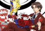 bad_id bad_pixiv_id blue_eyes bouquet brown_hair butubutubutubutu cup drinking_glass ea_(fate/stay_night) facial_hair fate/zero fate_(series) flower formal goatee male_focus ribbon rose solo suit toosaka_tokiomi weapon wine_glass 
