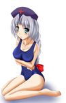  bad_id bad_pixiv_id blue_eyes bow breasts covered_nipples hat highres long_hair medium_breasts nurse_cap one-piece_swimsuit school_swimsuit silver_hair sitting smile solo swimsuit tera_hiroshi touhou yagokoro_eirin 