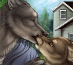 2012 anthro black_lips black_nose brown_eyes canine clothed clothing duo ears_back eyes_closed fox gay kissing lips love male mammal marcus piercing reis rukis surprise 