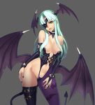  :q adapted_costume animal_print asymmetrical_legwear bare_shoulders bat_print bat_wings belt breasts bridal_gauntlets cleavage demon_girl demon_tail demon_wings elbow_gloves eyepatch gloves green_eyes green_hair hand_on_hip head_wings highres large_breasts legs licking_lips long_hair morrigan_aensland navel ogami pantyhose print_legwear purple_wings revealing_clothes simple_background solo succubus tail thighs tongue tongue_out vampire_(game) wings 