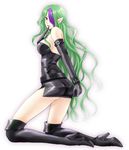  black_dress boots breasts dress elbow_gloves elf finger_to_chin gloves green_eyes green_hair kneeling large_breasts long_hair makeup misery_(outer_zone) multicolored_hair outer_zone pointy_ears sarasa-sasa short_dress simple_background solo thigh_boots thighhighs two-tone_hair very_long_hair wavy_hair white_background 
