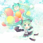  balloon bird detached_sleeves flying green_eyes green_hair hachune_miku hatsune_miku long_hair necktie niwako open_mouth skirt sky sleeves_past_wrists solo thighhighs twintails very_long_hair vocaloid 