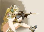  aiming aqua_eyes ar-15 assault_rifle bad_id bad_pixiv_id baseball_cap blonde_hair body_armor boots casing_ejection desert_pattern ear_protection firing gloves gun hat headset holding holding_gun holding_weapon insignia knee_pads load_bearing_vest m4_carbine military military_operator military_uniform original plate_carrier ponytail rifle scope shell_casing shino_(r_shughart) shorts sitting sleeves_pushed_up solo stanag_magazine suppressor three-color_desert_(camo) uniform union_jack vertical_foregrip weapon 