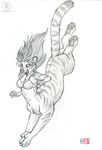  action chakat dive feline female greyscale hair kacey long_hair mammal monochrome plain_background sketch solo taur tiger white_background 