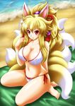  ahoge animal_ears beach beach_towel bikini blonde_hair breasts cleavage eyebrows fingernails fox_ears fox_tail hair_ornament highres huge_breasts izuna_(shinrabanshou) kittan_(cve27426) kneeling kyuubi legs lips long_hair looking_at_viewer multiple_tails navel o-ring o-ring_top ocean red_eyes sand seiza shinrabanshou side-tie_bikini sitting smile solo swimsuit tail thighs toenails towel 