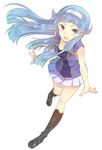  blue_hair boots hairband kannagi long_hair looking_at_viewer nagi pleated_skirt purple_eyes simple_background skirt solo t-okada white_background white_skirt 