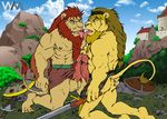  balls beard biceps big_muscles big_penis erection facial_hair feline frottage fur furryrevolution gay kissing kneeling lion male mammal muscles nievelion nude penis sex sword tongue tongue_out weapon wuffamute 